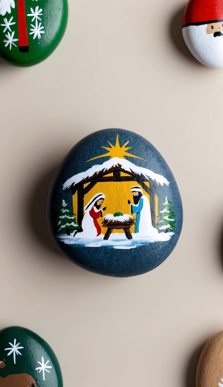 A nativity scene with painted rocks depicting the Christmas story