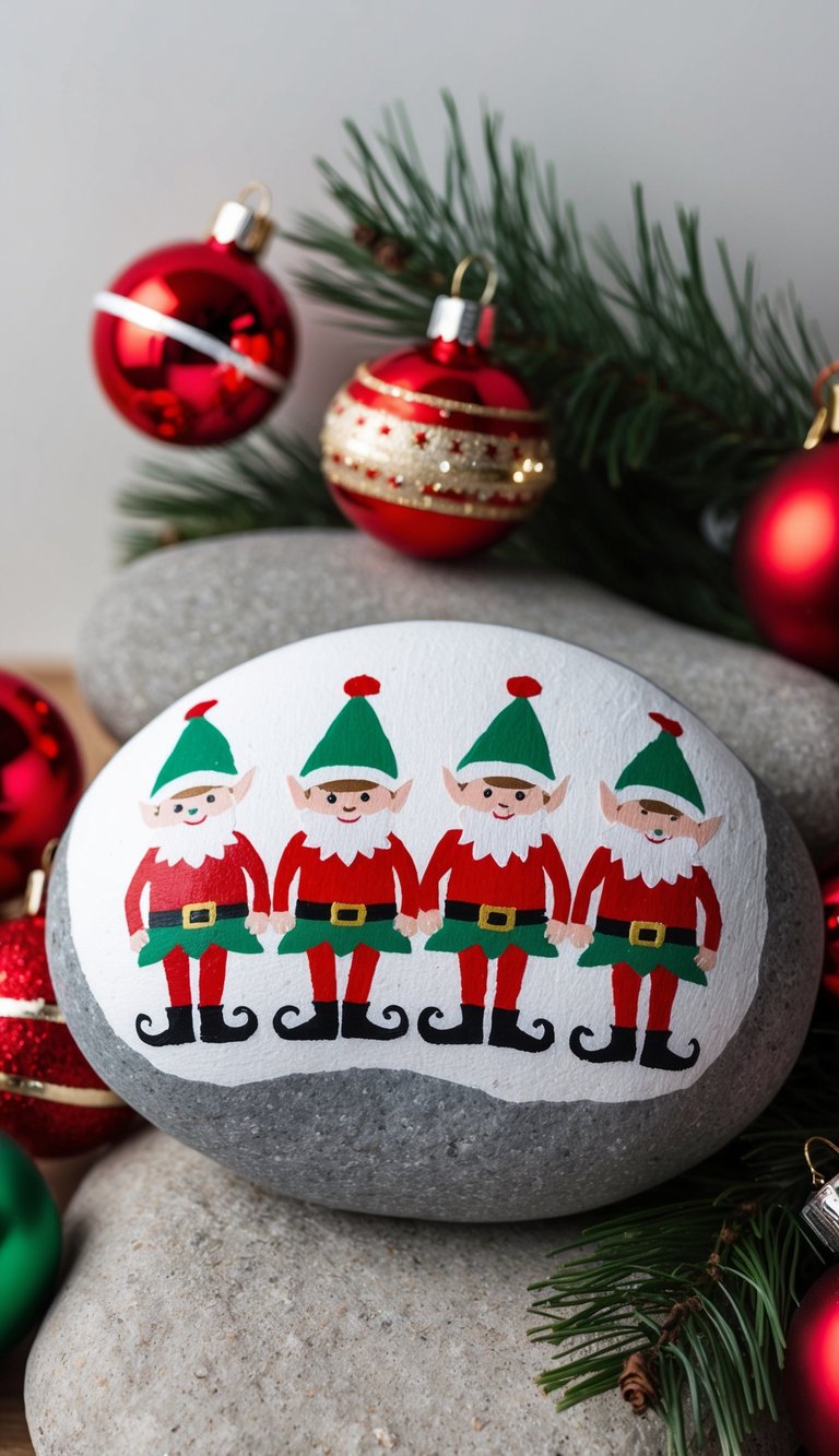 A group of elf characters are perched on rocky terrain, surrounded by festive Christmas decorations
