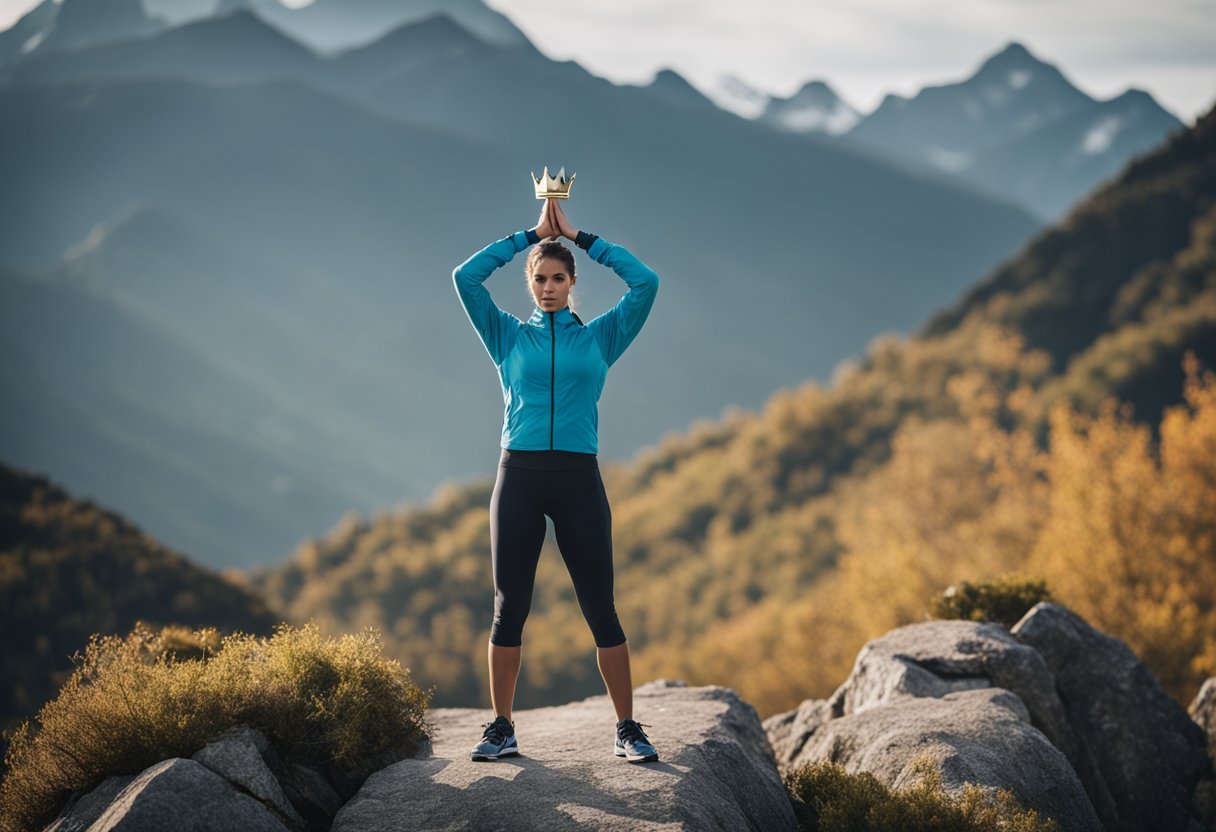 A figure in athletic wear stands confidently atop a mountain, with a yoga mat and a crown symbolizing leadership and ownership