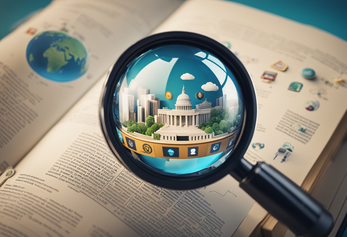 A globe with a magnifying glass hovering over it, surrounded by various interconnected icons and symbols representing different areas of knowledge and information