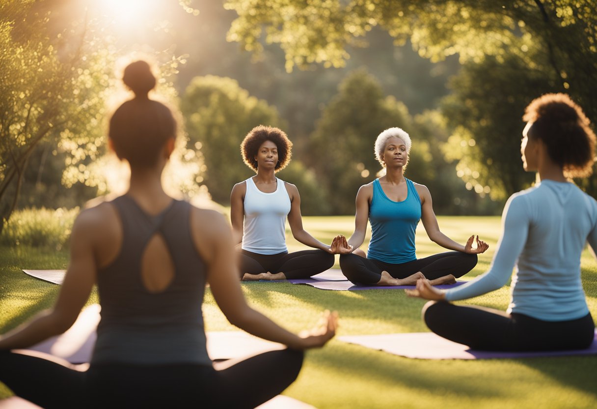 A group of diverse people practicing yoga and meditation in a serene, natural setting, surrounded by symbols of health, wellness, and sustainability