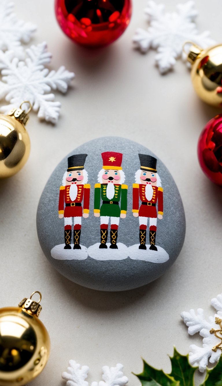 Nutcracker characters standing on festive rocks, surrounded by holiday decorations and snow
