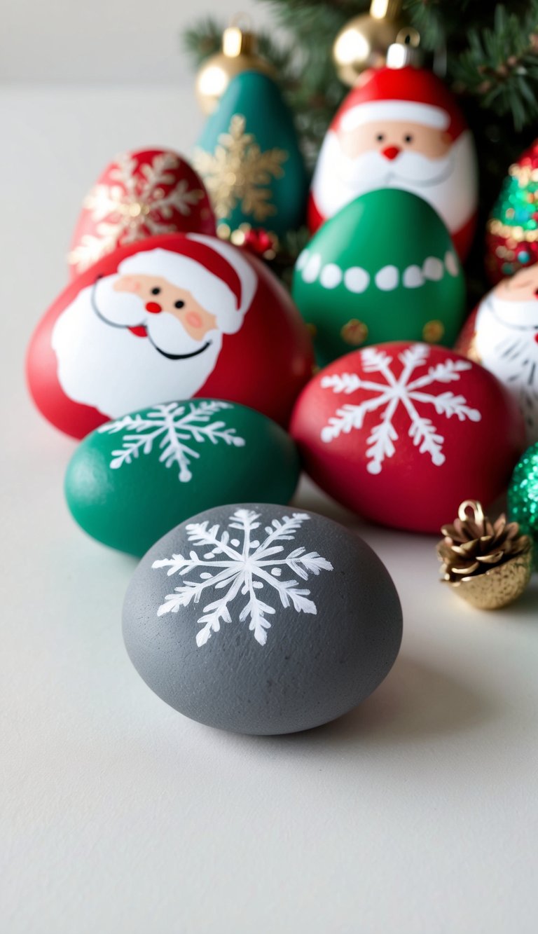 A festive scene of Christmas-themed painted rocks arranged in a decorative display