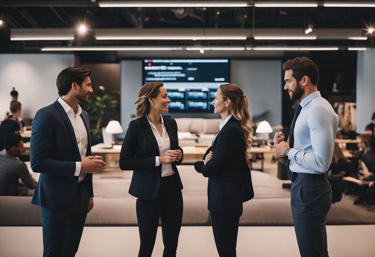 A group of people in business attire engaging in a heated discussion over ownership of the Lululemon brand