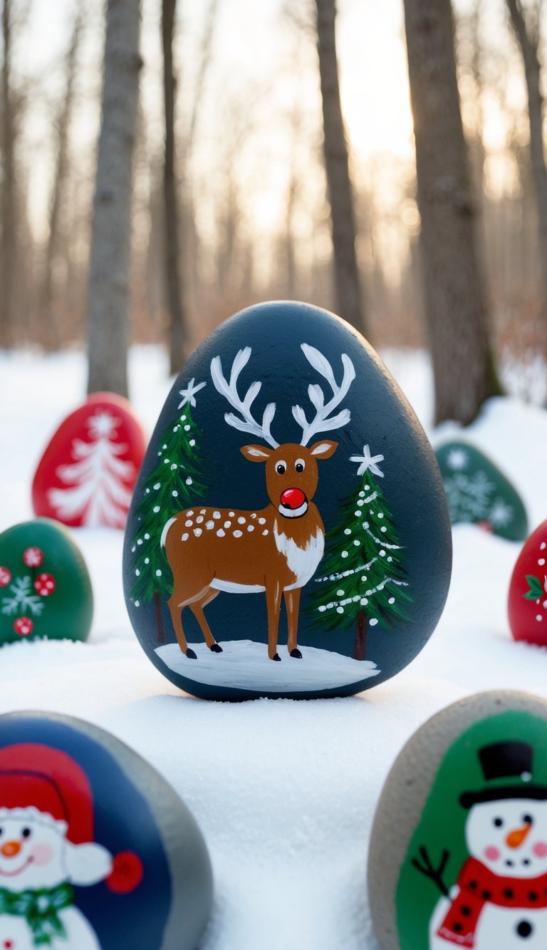 A reindeer with a bright red nose standing in a snowy forest surrounded by Christmas-themed painted rocks
