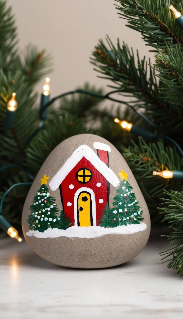 A festive birdhouse adorned with Christmas-themed painted rocks sits nestled among evergreen trees and twinkling lights