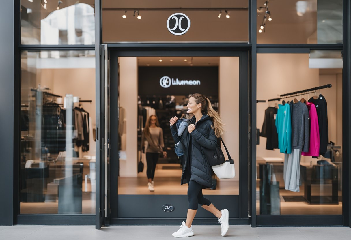 A woman entering a bright, spacious lululemon store, greeted by friendly staff and surrounded by stylish athletic apparel and accessories