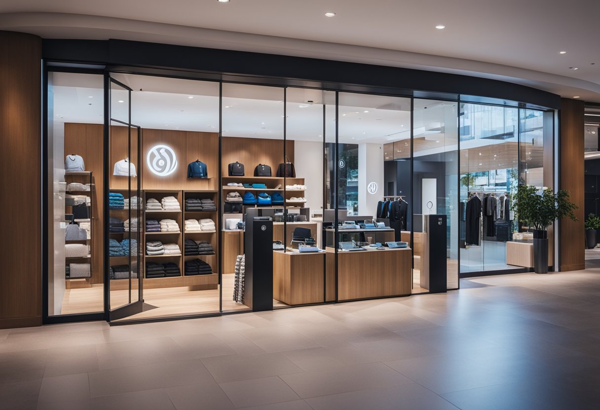 A modern storefront with the Lululemon logo prominently displayed, surrounded by digital devices and online shopping icons