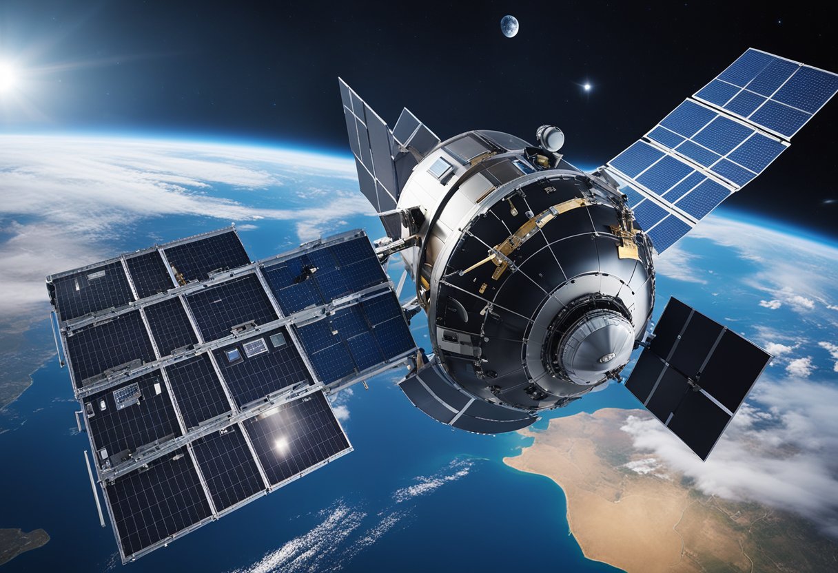 A large broadcasting satellite with the Sky News logo orbiting the Earth