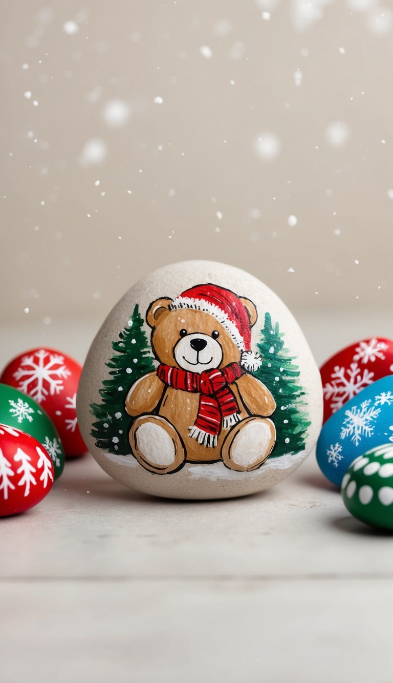 A cozy teddy bear surrounded by festive Christmas painted rocks, with snowflakes falling gently in the background
