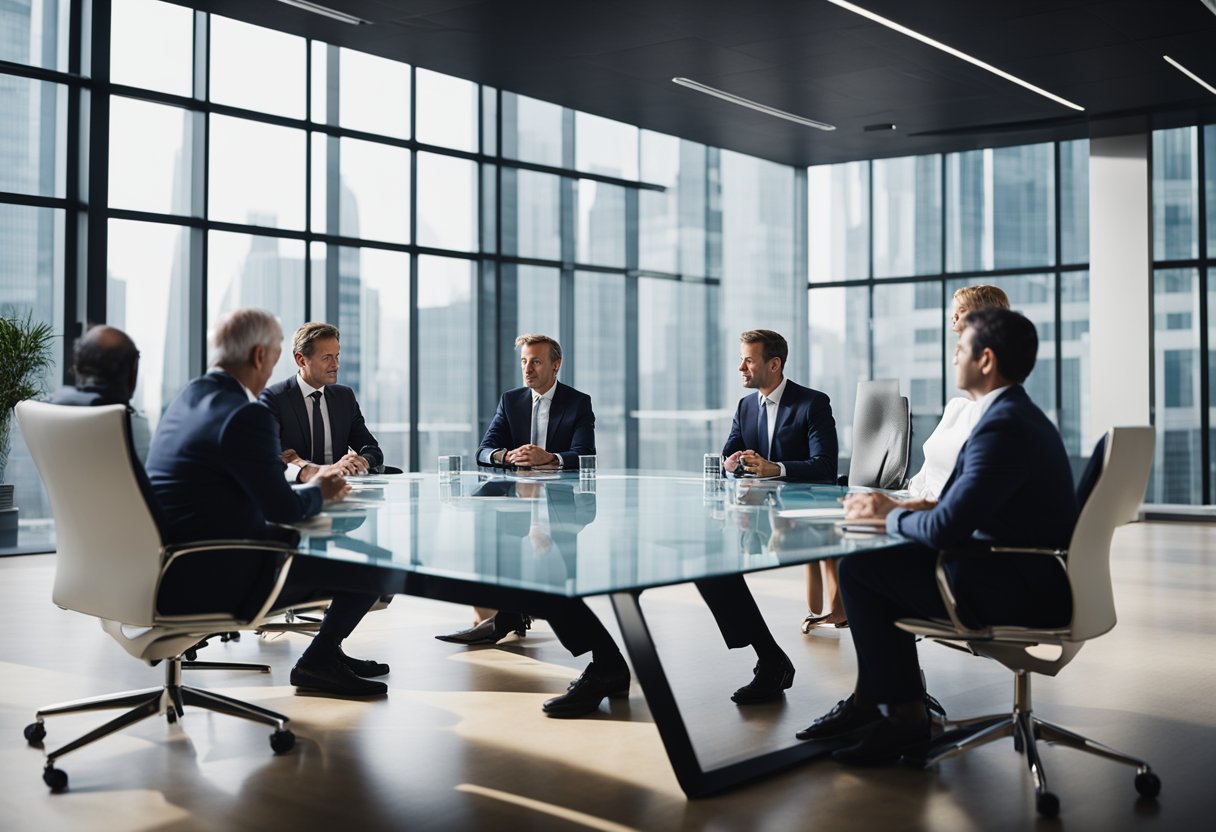 A group of executives sitting around a conference table, discussing ownership changes for Sky News