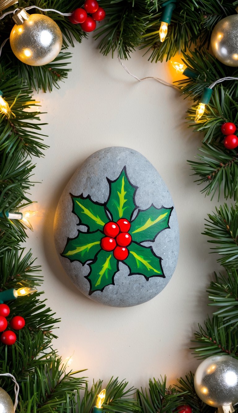 A cluster of holly leaves and bright red berries arranged on a smooth rock, surrounded by festive decorations and twinkling lights