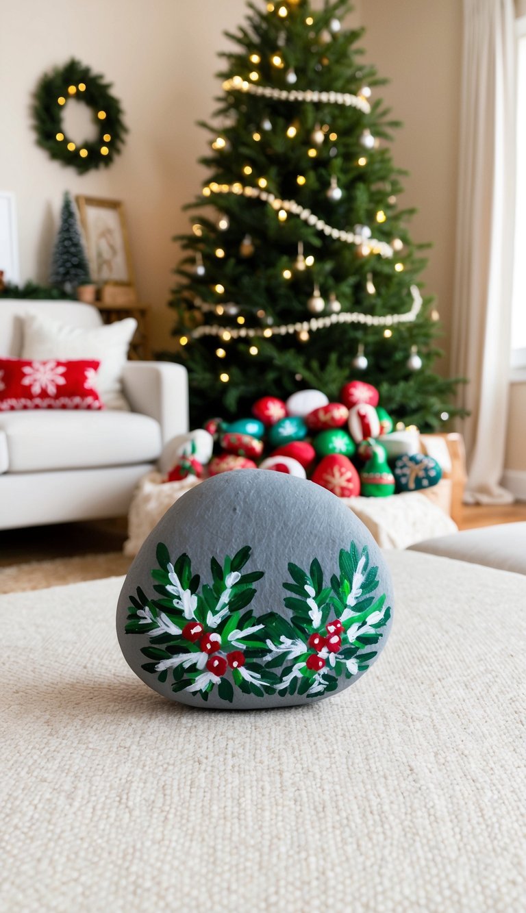 A cozy living room adorned with a festive Christmas tree, twinkling lights, and a pile of hand-painted holiday-themed rocks