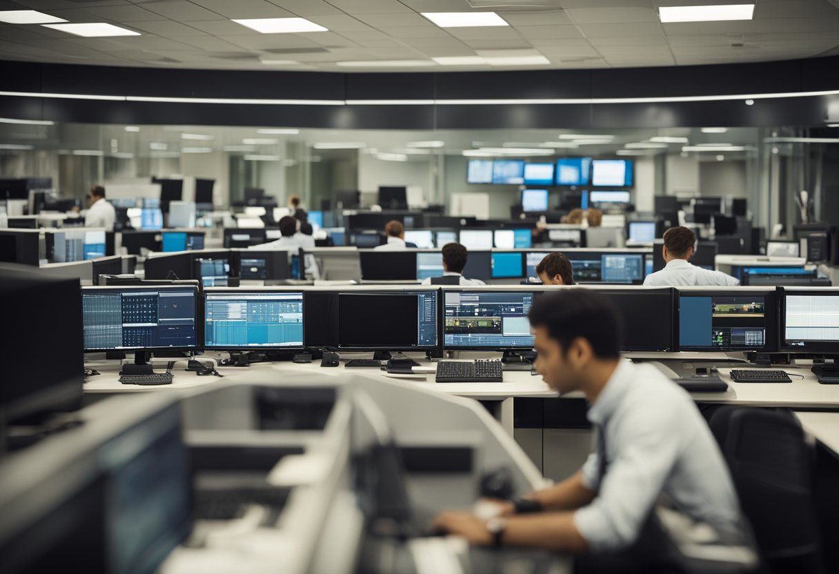 A newsroom with broadcasting equipment, logo prominently displayed, and employees working at their desks