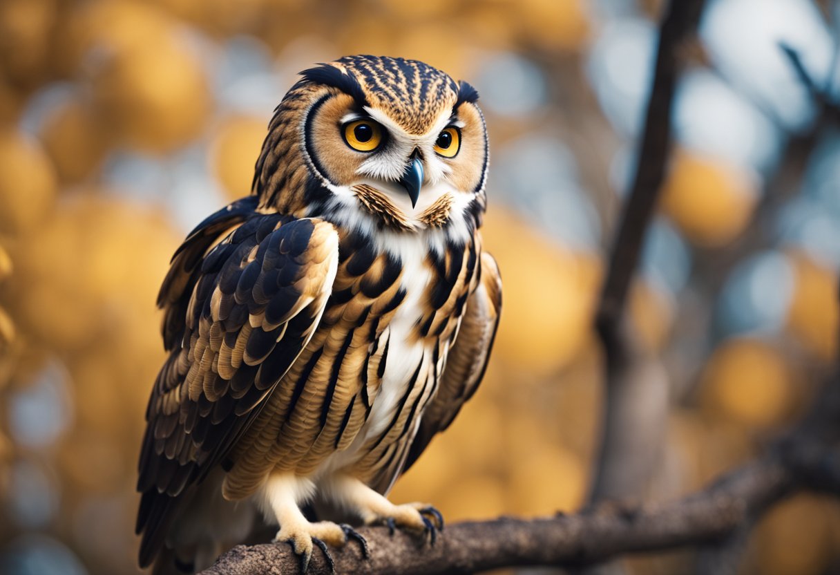 A sleek, golden-winged messenger owl perched on a branch, proudly displaying the emblem of Hermes on its chest