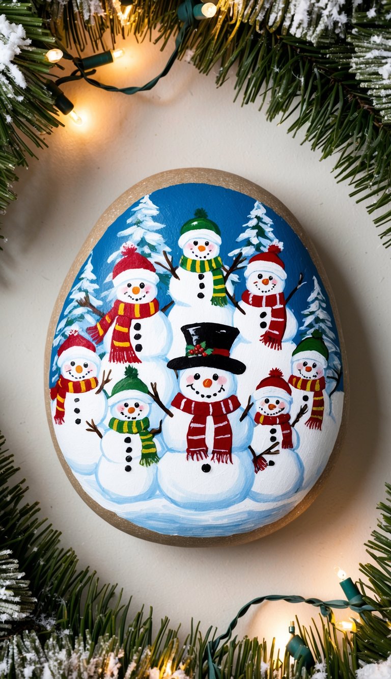 A group of snowman families adorned in festive hats and scarves, surrounded by twinkling lights and snow-covered Christmas trees