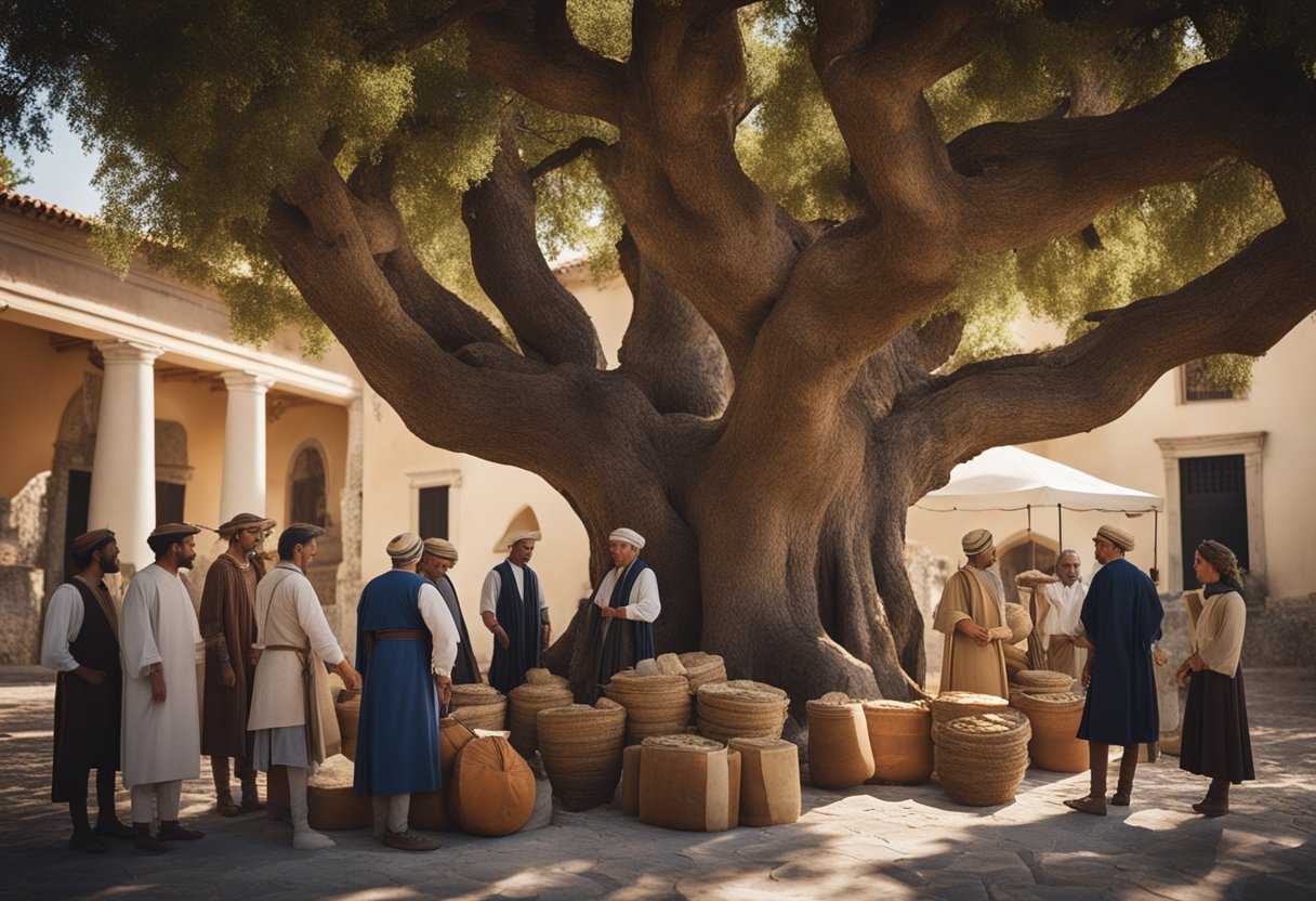 A group of ancient Greek traders gather around a grand oak tree, exchanging goods and sealing deals, symbolizing the founding of Hermès