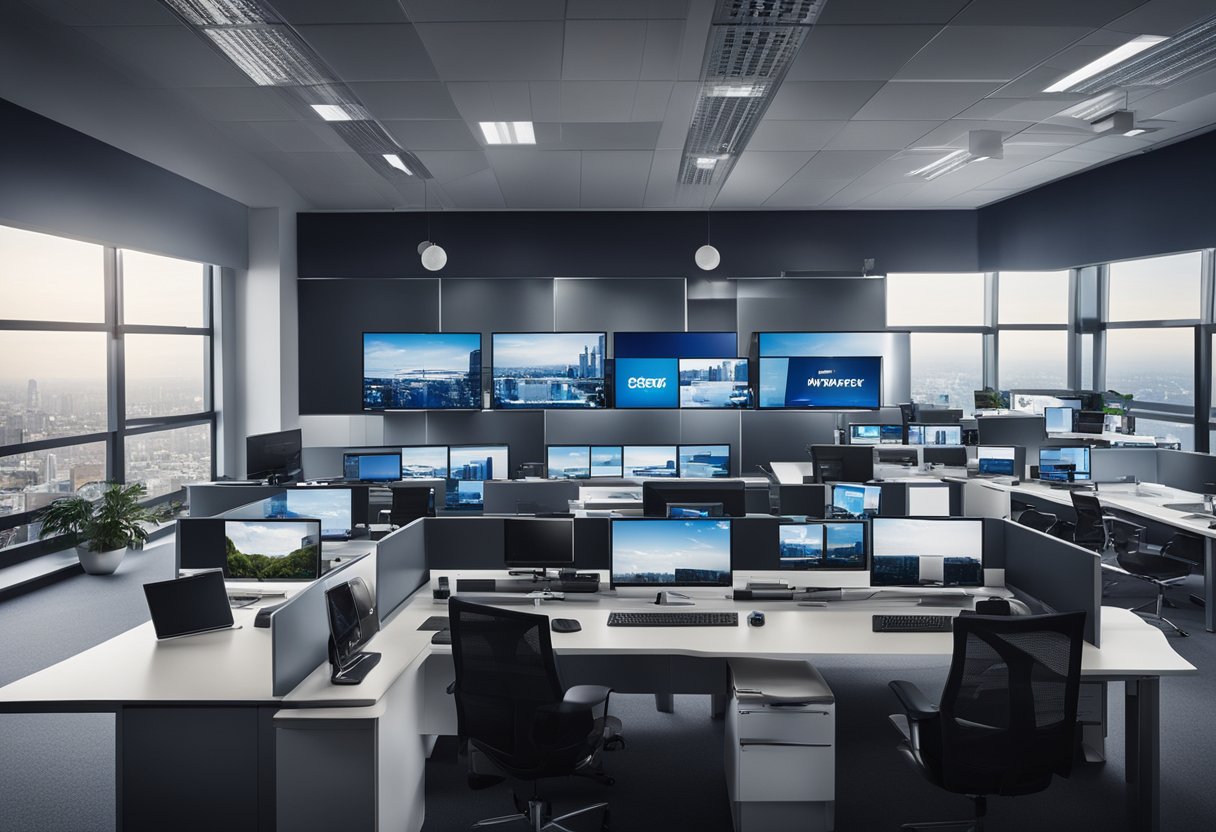A modern office with computer screens displaying the Sky News logo, surrounded by digital devices and technology