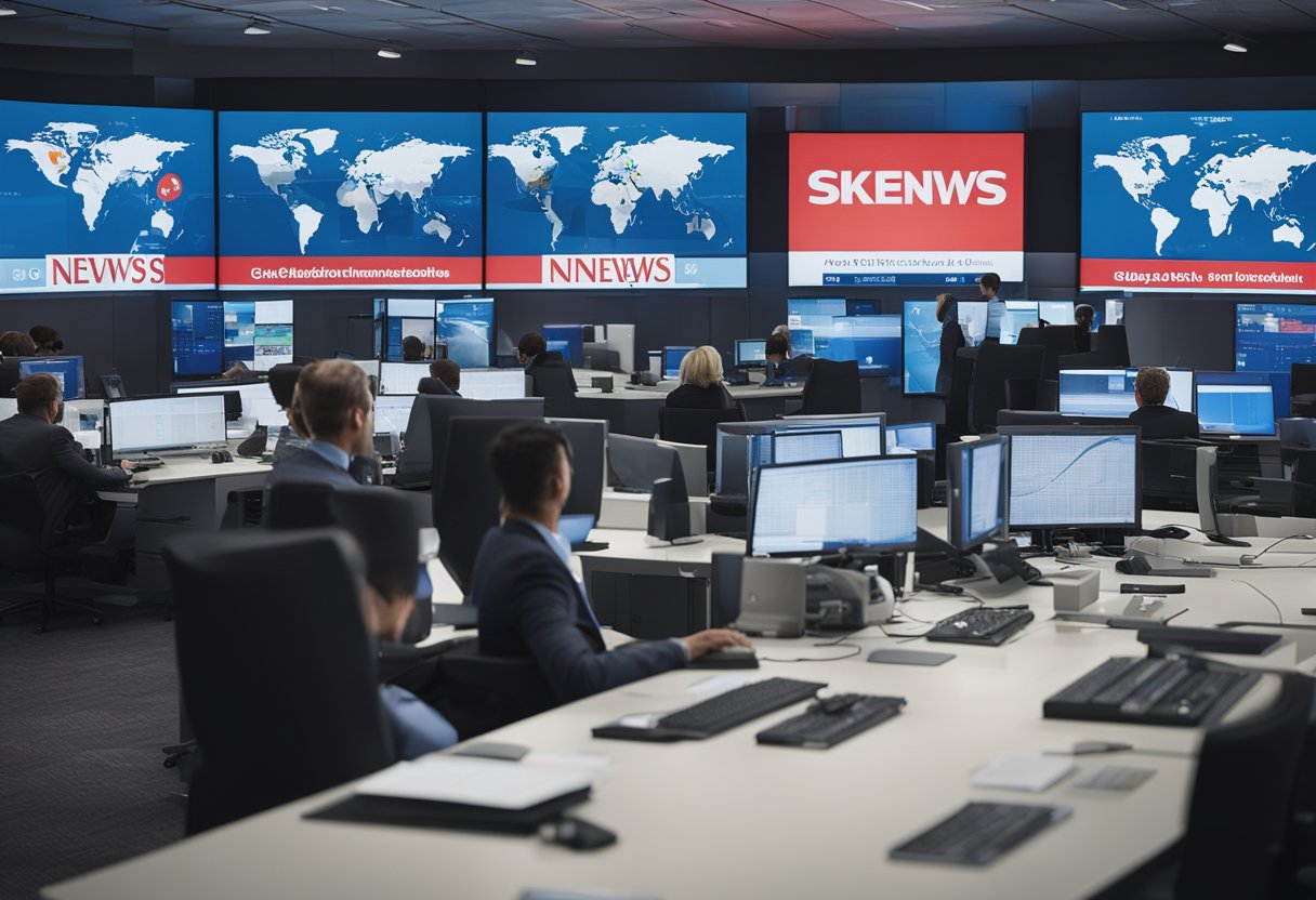 A bustling newsroom with journalists working at their desks, a large screen displaying the Sky News logo, and a map of the world showing the global reach of the network