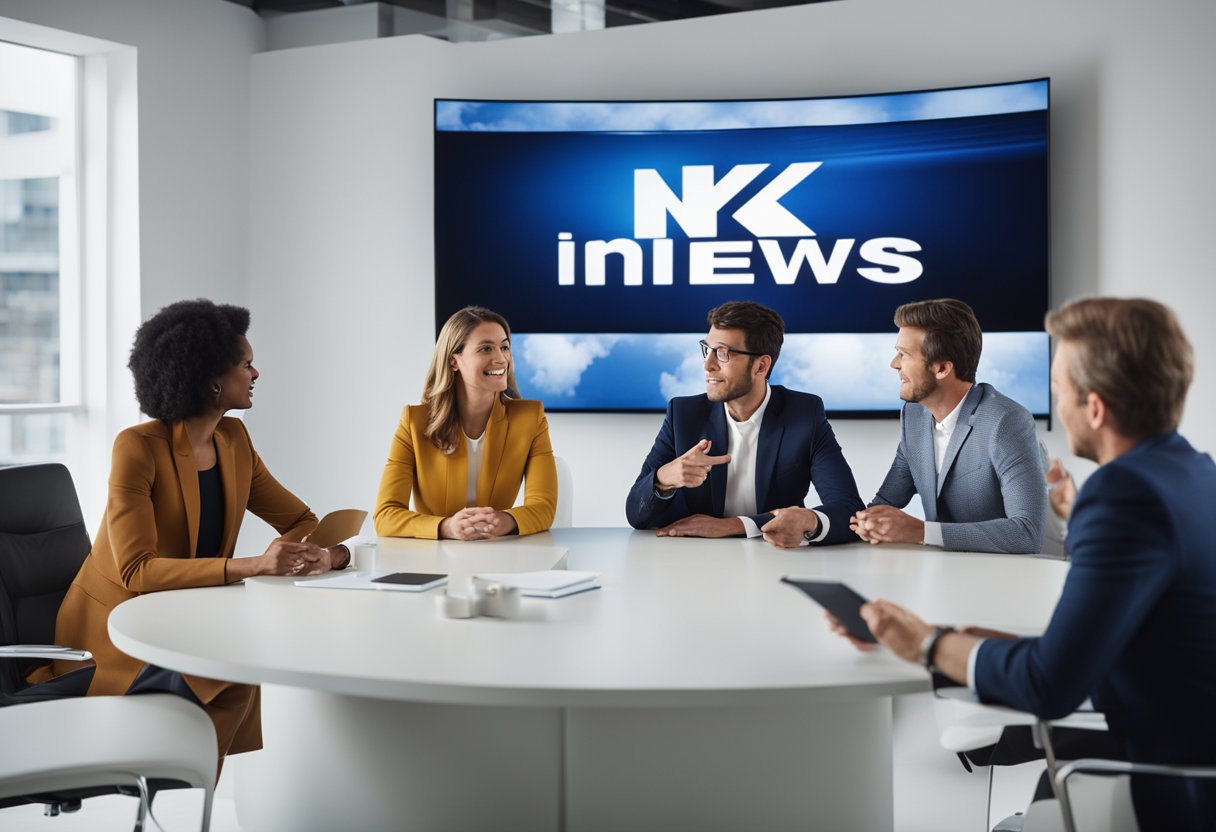 A group of people engaging in heated discussions, pointing and gesturing towards a television screen displaying the Sky News logo