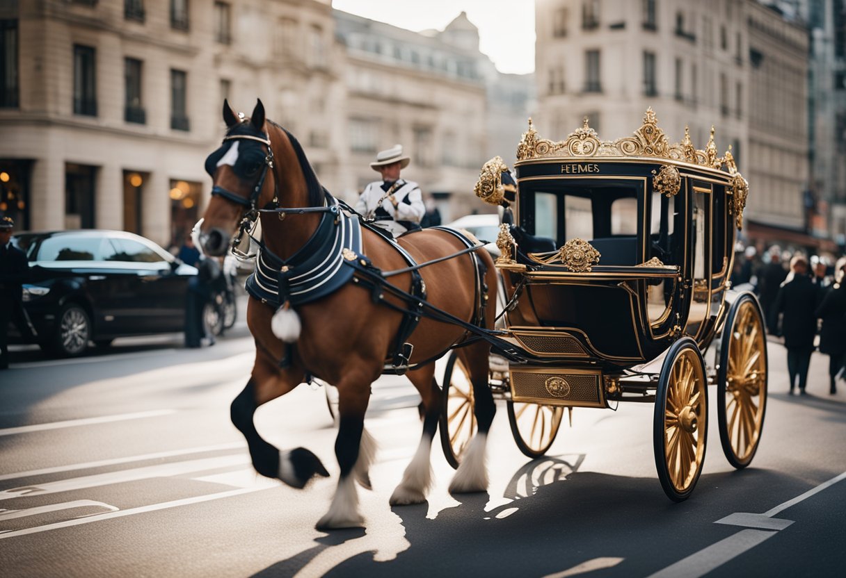 A luxurious horse-drawn carriage adorned with the iconic Hermes logo travels through a bustling city street, exuding elegance and sophistication