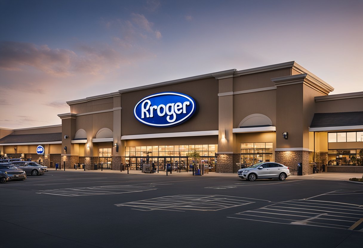 A Kroger store with its recognizable logo on the exterior, surrounded by a busy parking lot and customers entering and exiting the building