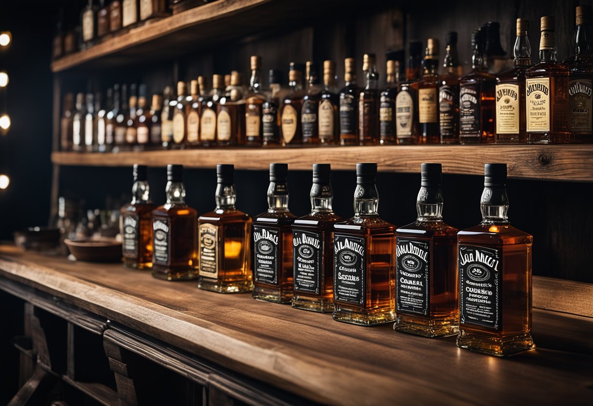 A rustic wooden bar with a row of Jack Daniels bottles displayed on a shelf, surrounded by dim lighting and vintage whiskey paraphernalia