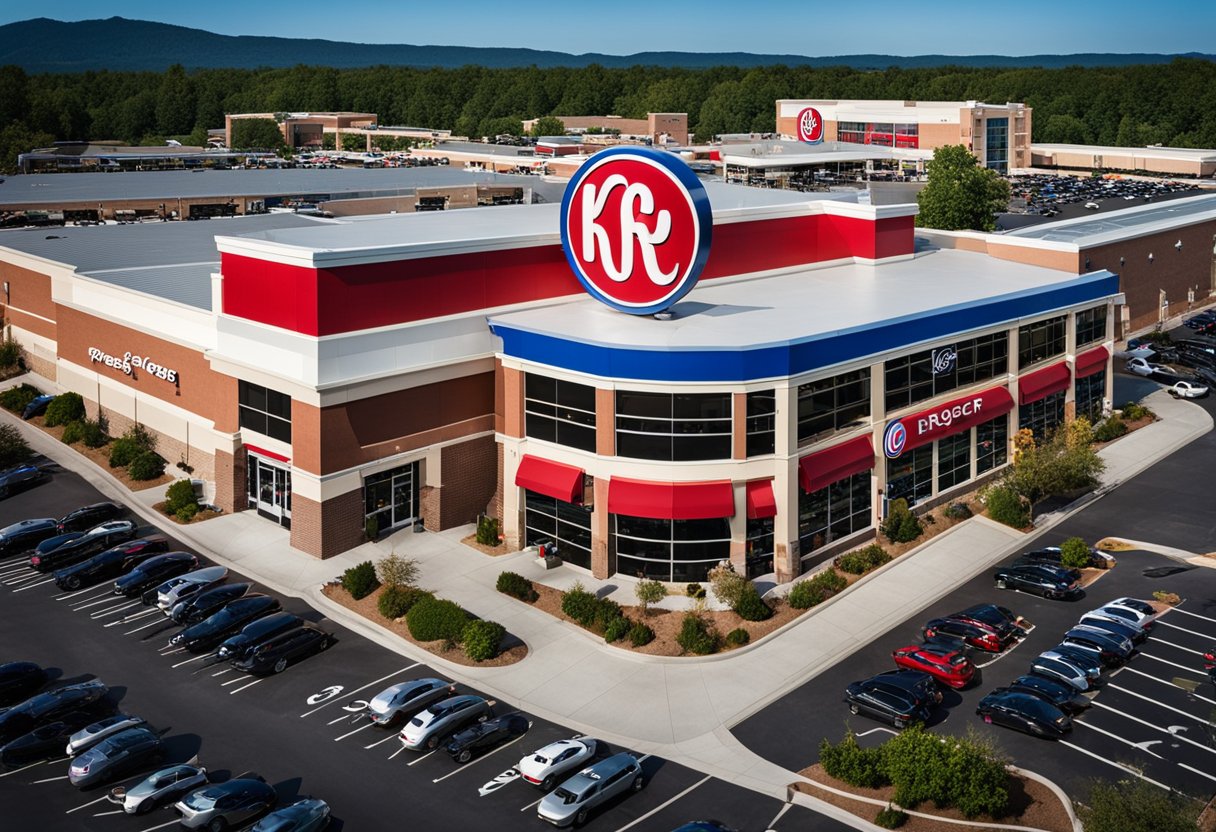 A large Kroger grocery store surrounded by a bustling parking lot. The iconic red and white logo prominently displayed on the building's exterior