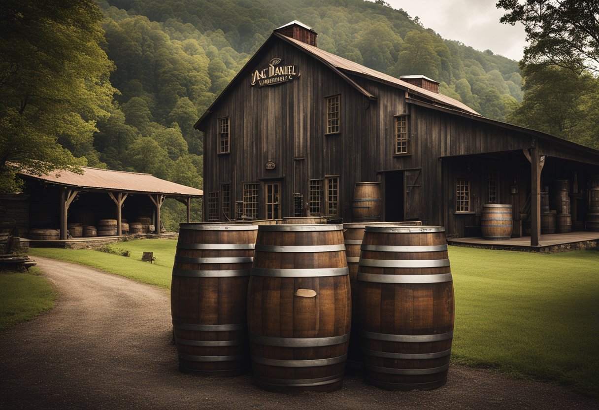 A rustic distillery nestled in the rolling hills of Tennessee, with copper stills and oak barrels aging the iconic Jack Daniel's whiskey