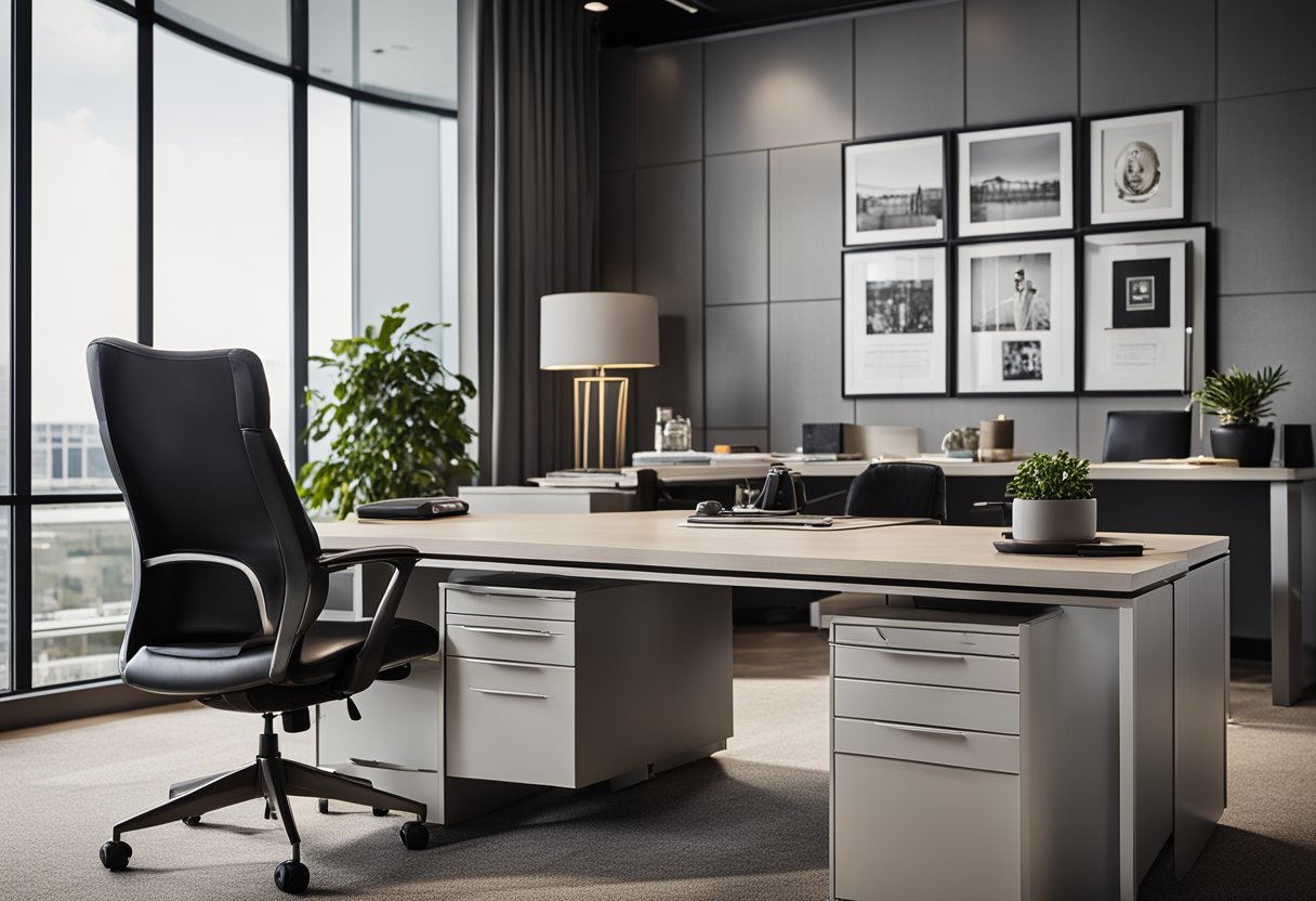 A modern office with a large desk, computer, and a framed portrait of the current Kroger CEO