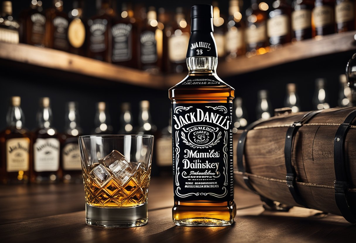 A bottle of Jack Daniels sits on a wooden table, surrounded by various types of whiskey glasses and a collection of whiskey bottles
