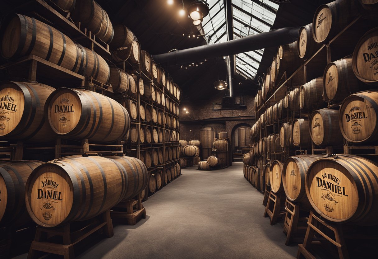 A rustic distillery with aging barrels and a prominent Jack Daniels logo displayed