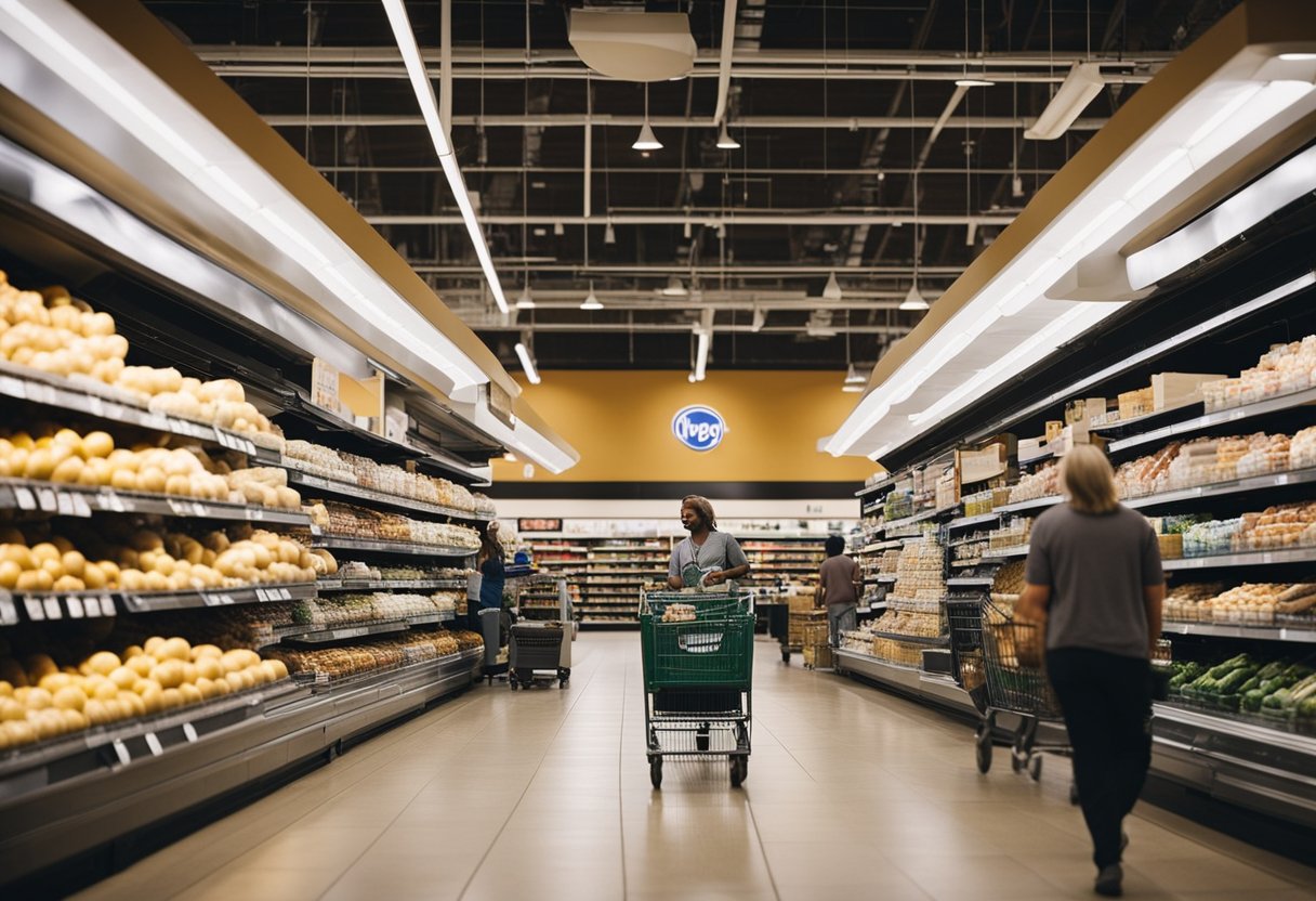 A bustling Kroger store with employees stocking shelves and customers browsing aisles