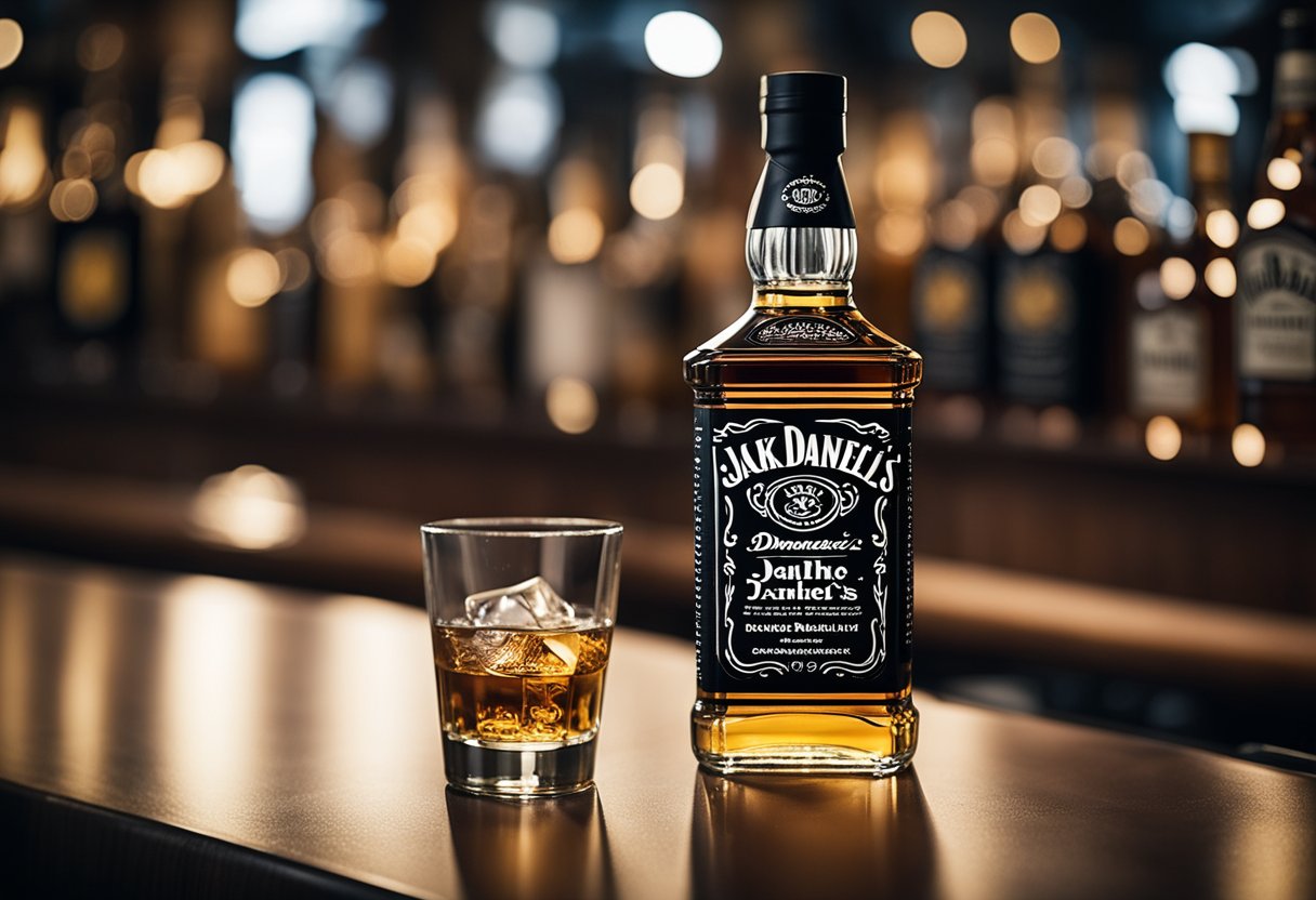 A bottle of Jack Daniel's sits on a bar counter, surrounded by a dimly lit, crowded and lively atmosphere