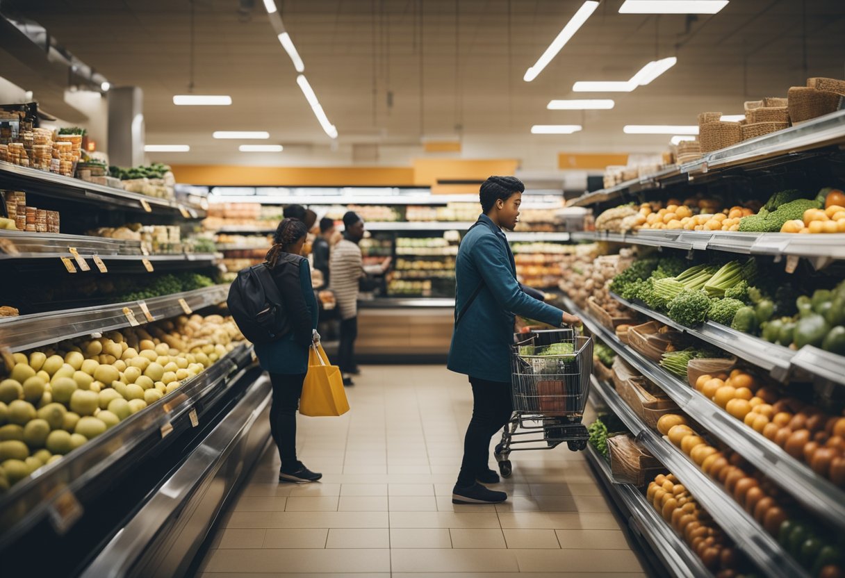 A bustling grocery store with diverse customers and employees, all working together to provide for the community