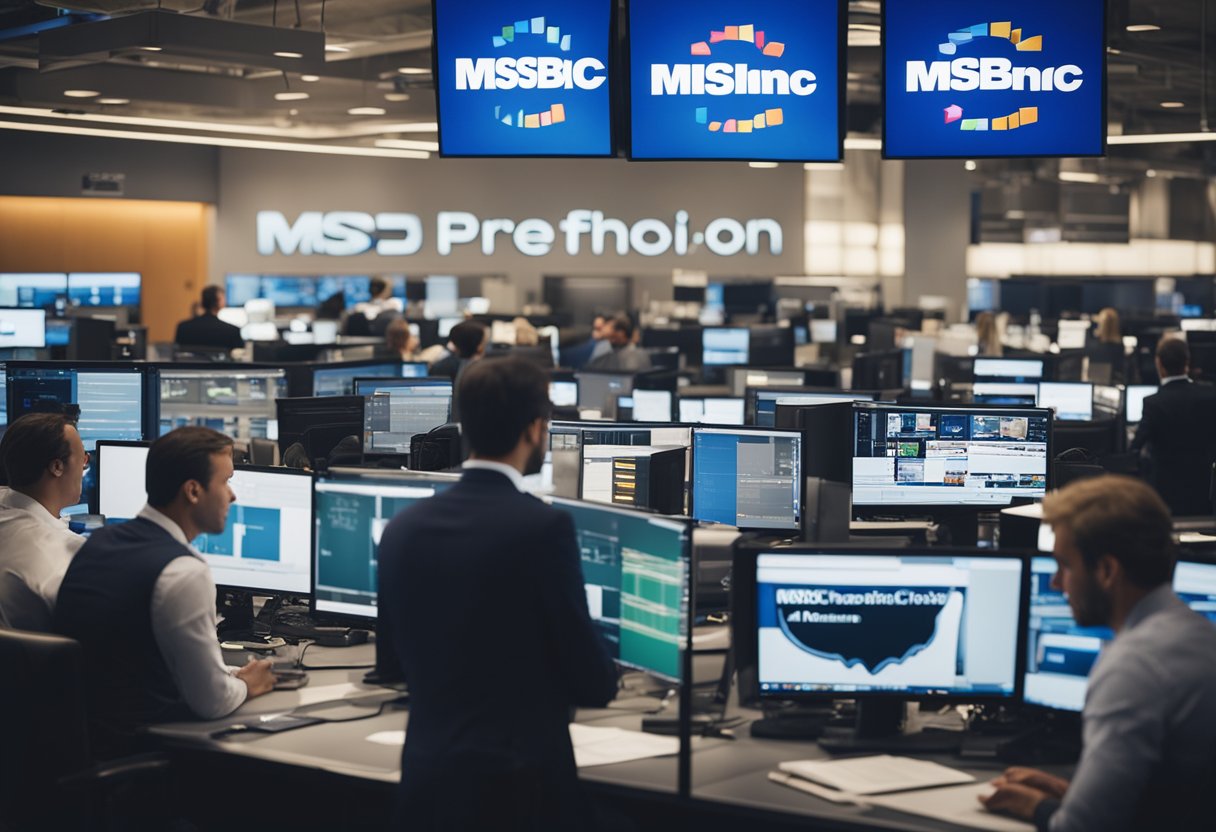 A bustling newsroom with the msnbc logo prominently displayed on screens and banners. Executives and employees engaged in meetings and discussions