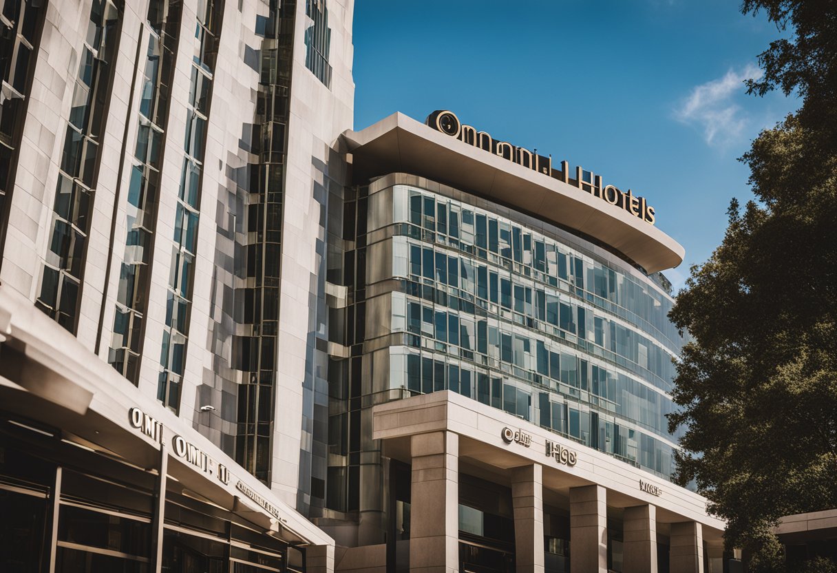 A grand, modern building with the Omni Hotels logo prominently displayed on the exterior