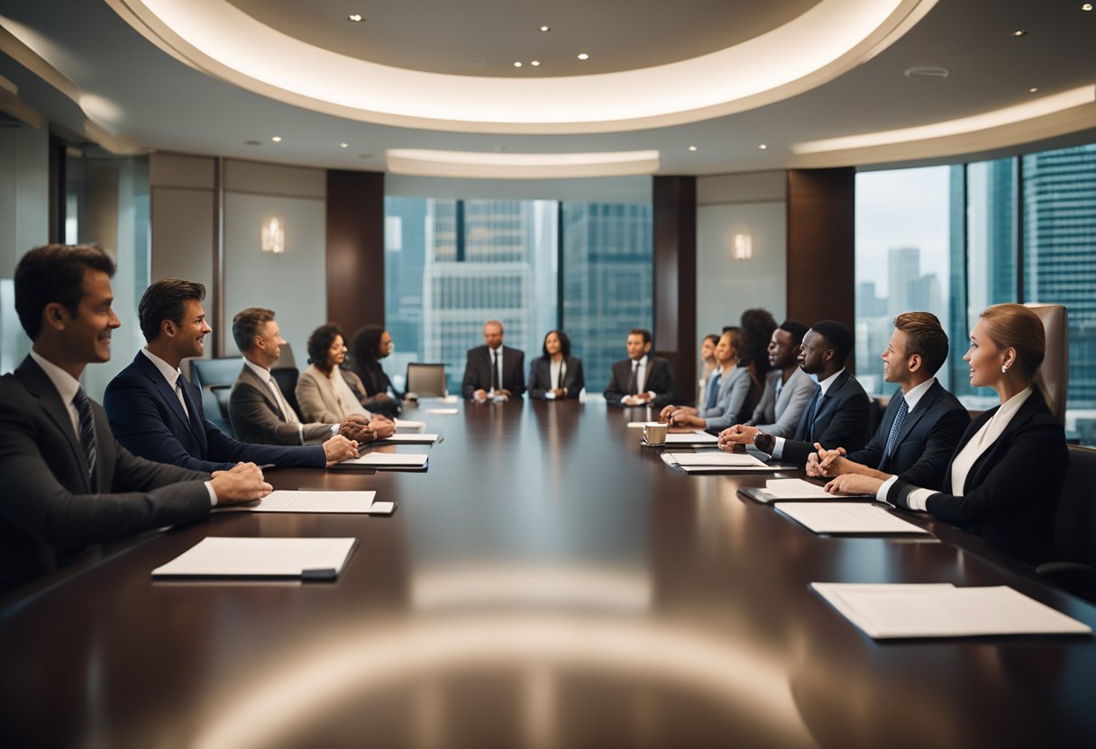 A group of executives in a boardroom, discussing strategy and making decisions for the Omni Hotels brand
