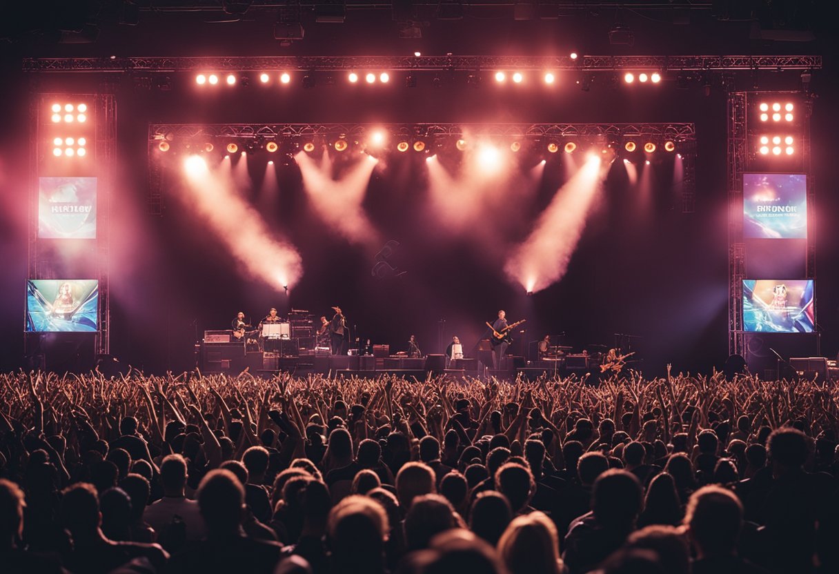 A large concert venue with a vibrant crowd, stage lights, and the Live Nation logo displayed prominently