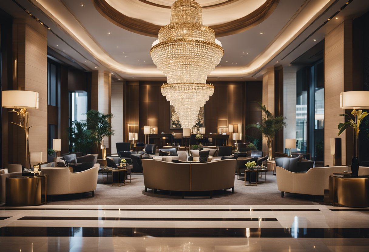 A luxurious hotel lobby with modern furnishings, a grand chandelier, and a concierge desk. Guests are chatting and enjoying the elegant atmosphere