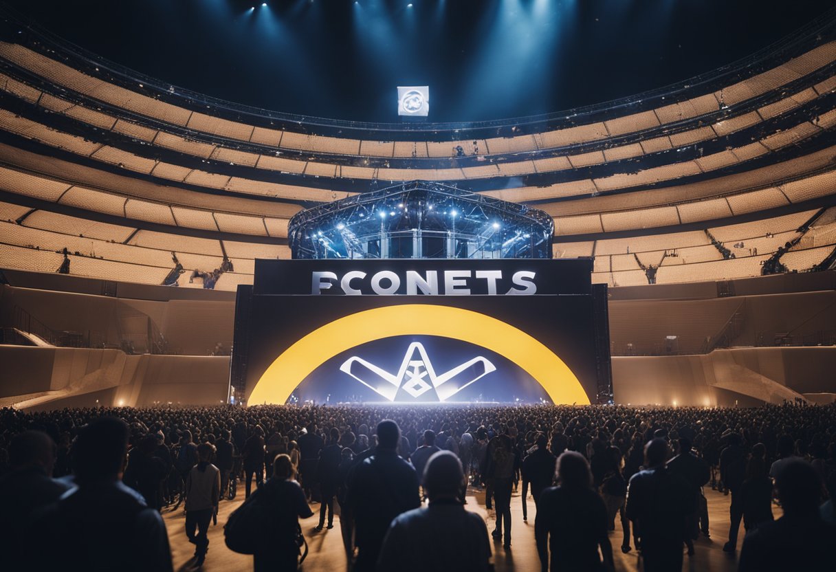 A large corporation's logo towering over a crowded concert arena. Security guards patrol the entrance while a line of eager fans waits to enter