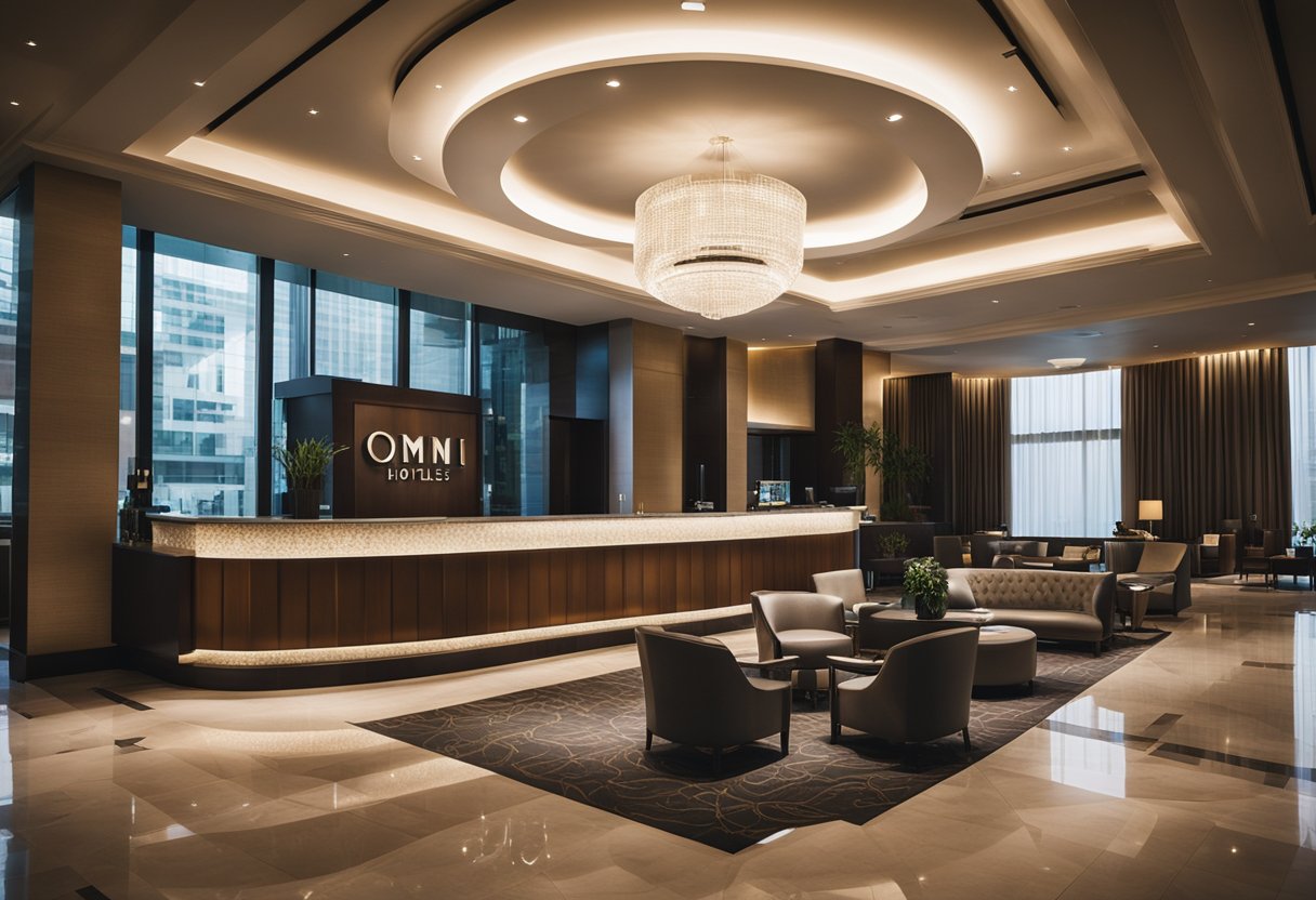A luxurious hotel lobby with modern furnishings and amenities, showcasing the Omni Hotels logo prominently displayed