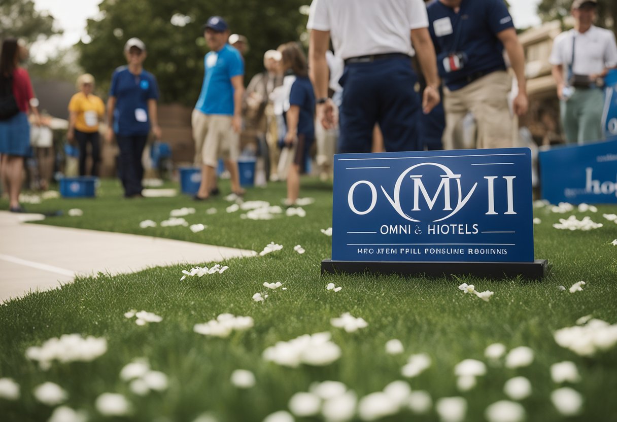 The Omni Hotels logo displayed prominently at a community event, with employees volunteering and engaging with local residents