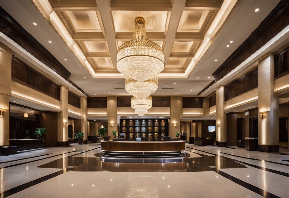 A grand, modern hotel lobby with sleek furniture and a large, ornate chandelier hanging from the ceiling. The logo of Omni Hotels is prominently displayed at the reception desk