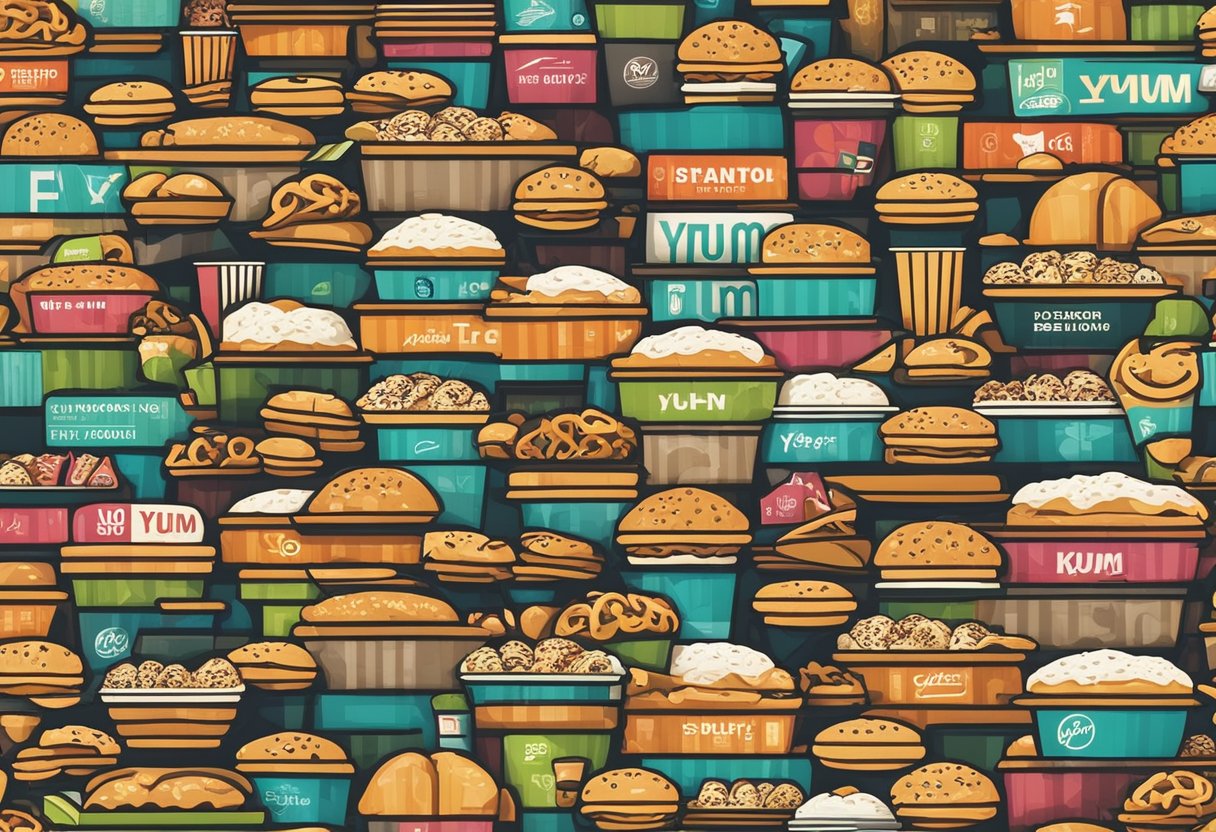 A crowded city street with prominent Yum! brand logos on fast food restaurants