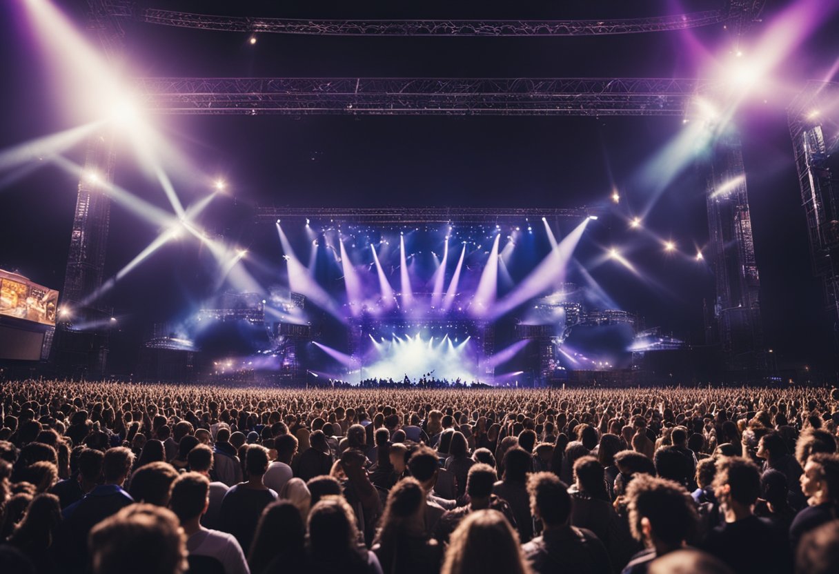 A crowded concert venue with a large stage and bright lights, surrounded by bustling vendors and excited fans