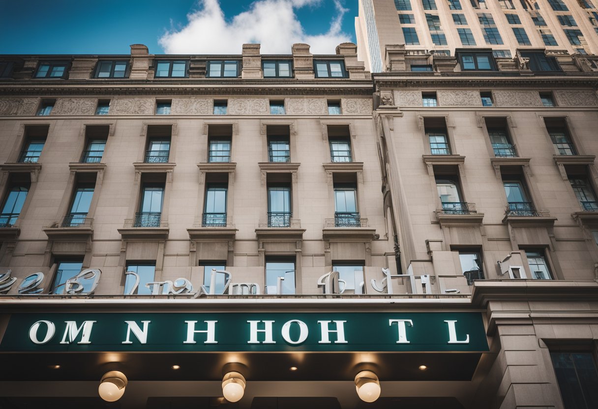 A grand hotel building with a prominent "Omni Hotels" sign, surrounded by a bustling cityscape and financial district