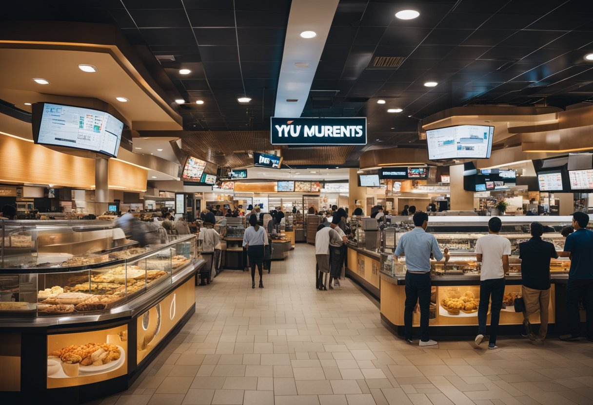 A bustling food court with multiple branded storefronts under the Yum Brands franchise model