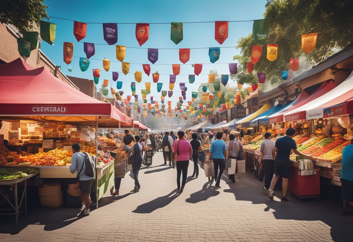 A bustling outdoor market with colorful food stalls, each adorned with the logos of Yum Brands' subsidiaries, showcasing their competitive market presence