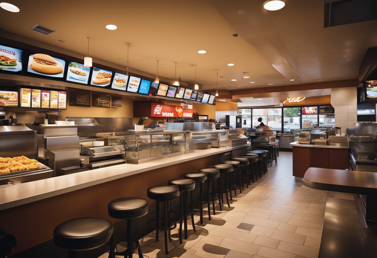 A bustling fast food restaurant with the Yum Brands logo prominently displayed, featuring a variety of popular menu items and a steady flow of customers